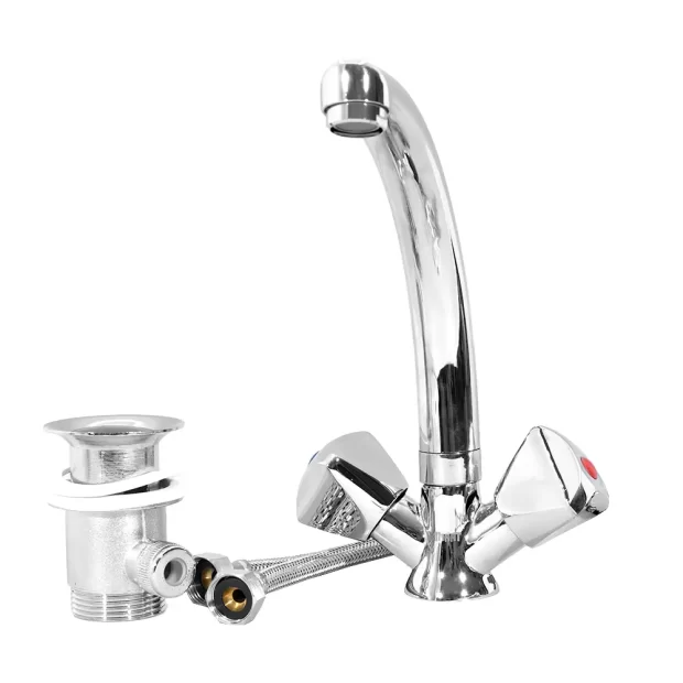 MAAT One Hole Basin Mixer with polished chrome finish, hoses, and waste fitting