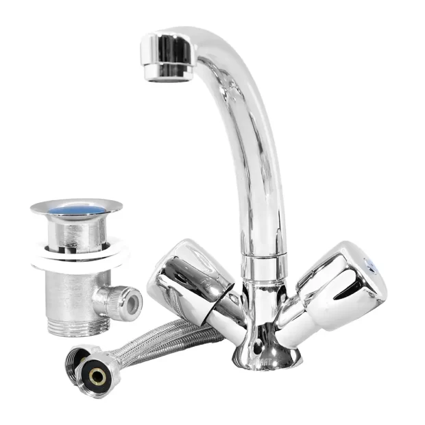 MAAT Contemporary One Hole Basin Mixer with polished chrome finish, hoses, and waste fitting