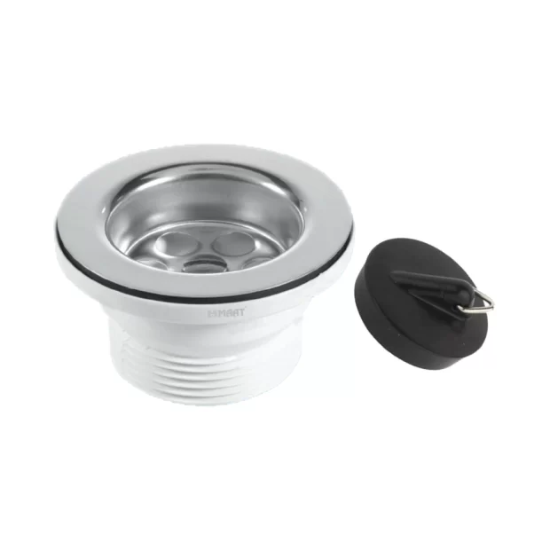 Close-up of the MAAT PVC Waste with Plug showing the 1.5" (40mm) size and PVC material