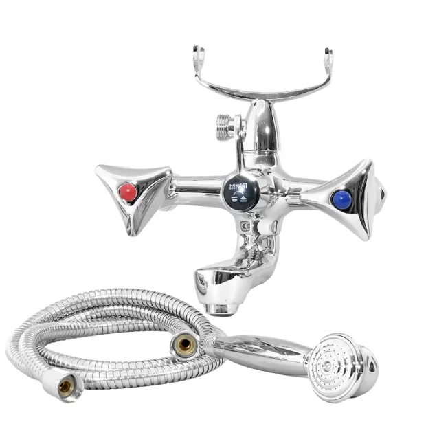 MAAT Angular Double Handle Bath Mixer with polished chrome finish, shower hose, and hand shower