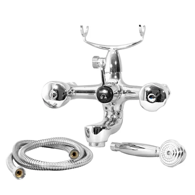 Rounded Telephone Bath Mixer with polished chrome finish, shower hose, and hand shower