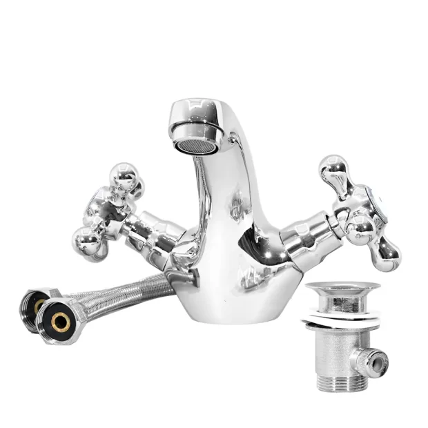 MAAT Classic Wash Basin Mixer Tap with polished chrome finish, hoses, and waste fitting