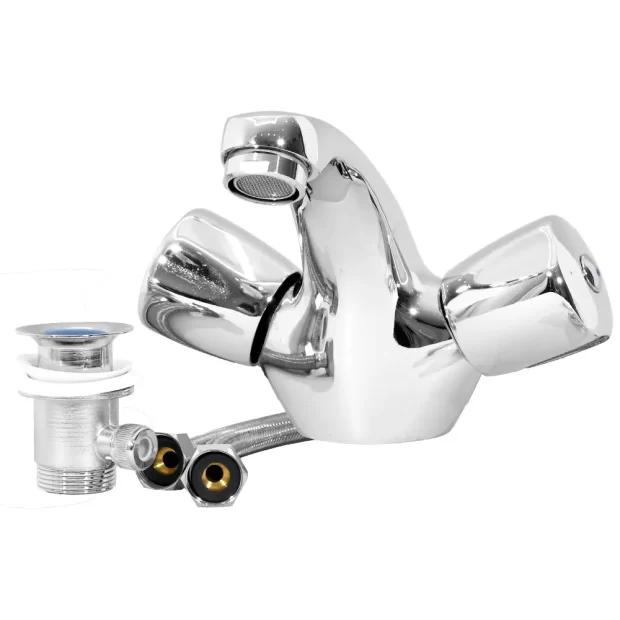 MAAT MC402 Double Handle Basin Mixer with polished chrome finish, hoses, and waste fitting