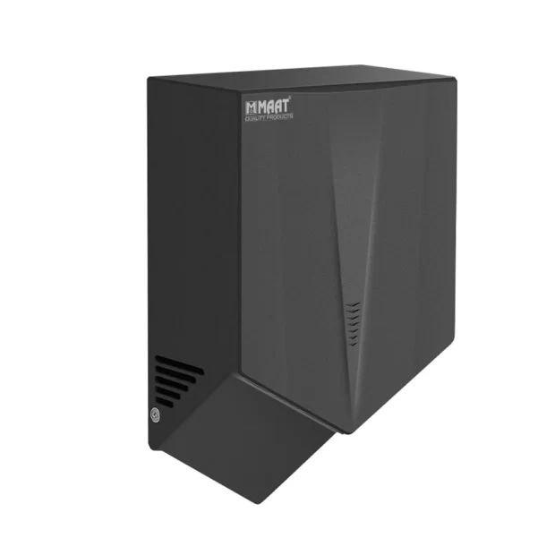 A MAAT Automatic Hand Dryer Black, highlighting its infrared induction, low noise, quick drying, and strong wind features.