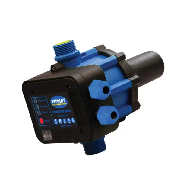 A blue and black MAAT M-PRESS-GM-BB Automatic Pump Control with indicator lights and CE mark.