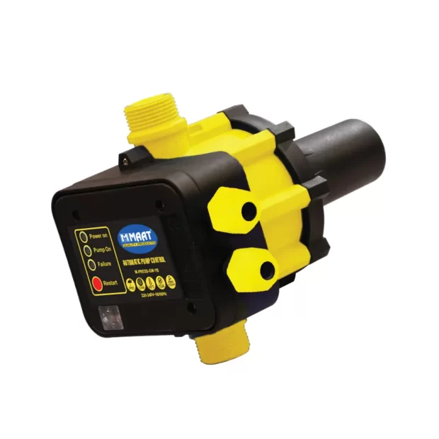 A Yellow MAAT M-PRESS-GM-YB Automatic Pump Control with indicator lights and model number label.