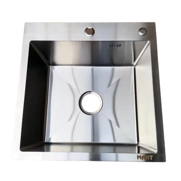 MAAT MAAT5050 Single Bowl Kitchen Sink, made from premium SUS 304 Stainless Steel, installed seamlessly in a modern kitchen with dark wood cabinetry and light-colored solid surface countertops.