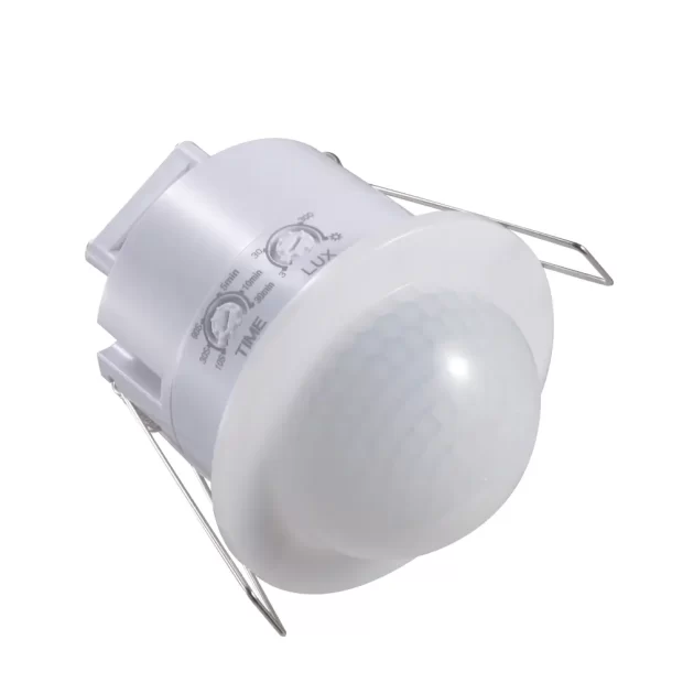 The MAAT Infrared Presence Sensor MET-14HR3, a white circular dome with adjustable time and lux settings.