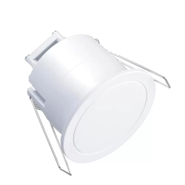 The MAAT Real Presence Sensor 357, a white circular recessed device with a 360-degree detection range.