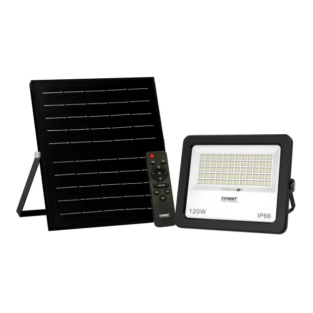 MAAT G5 Solar Flood Light 120W (MET-G5-120W-SFL413), featuring a black solar panel, 120W IP66 fixture, and remote control for the self-contained outdoor lighting system.