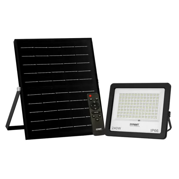 MAAT G5 Solar Flood Light 240W (MET-G5-240W-SFL413), showing the solar panel, 240W IP66 fixture, and remote control for the cordless outdoor system.
