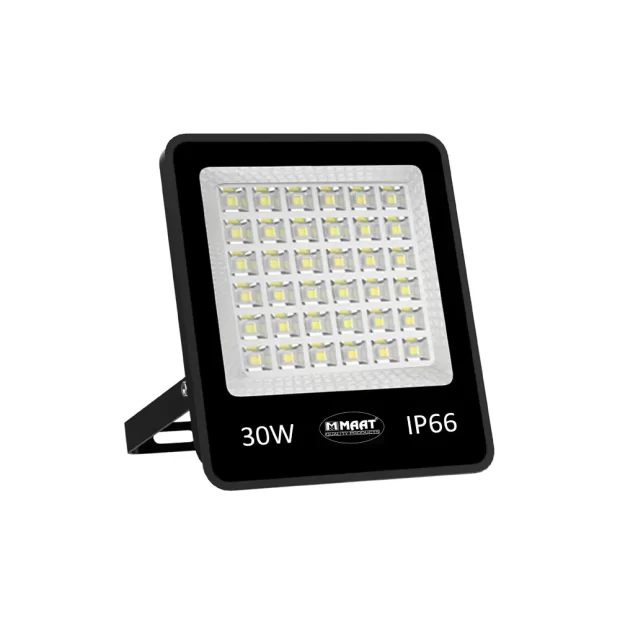 MAAT G7 Series **Outdoor LED Flood Light 30W IP66** (MET-G7-30W-LFL413), a compact, black, heavy-duty fixture explicitly showing the 30W rating and IP66 certification.