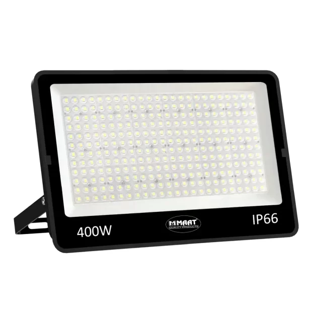 MAAT 400W LED Flood Light (MET-G7-400W-LFL413) black fixture showing the white LED array and the IP66 rating for outdoor use.