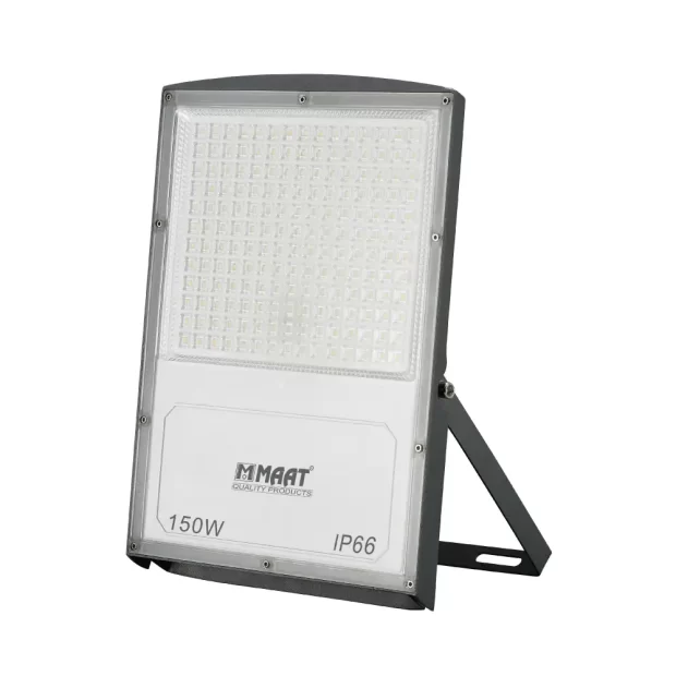 MAAT G8 LED Flood Light 150W (MET-G8-150W-LFL613), a black, industrial-grade IP66 fixture with 150W rating and powerful LED array on a grey background.