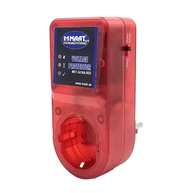 The MAAT Voltage Protector MET-SA16A-RED, a red fireproof electrical surge protector with 90-second start-up delay.