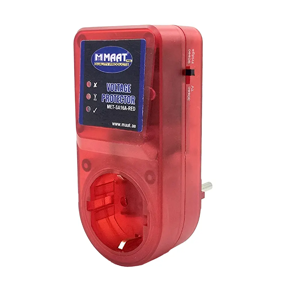 The MAAT Voltage Protector MET-SA16A-RED, a red fireproof electrical surge protector with 90-second start-up delay.