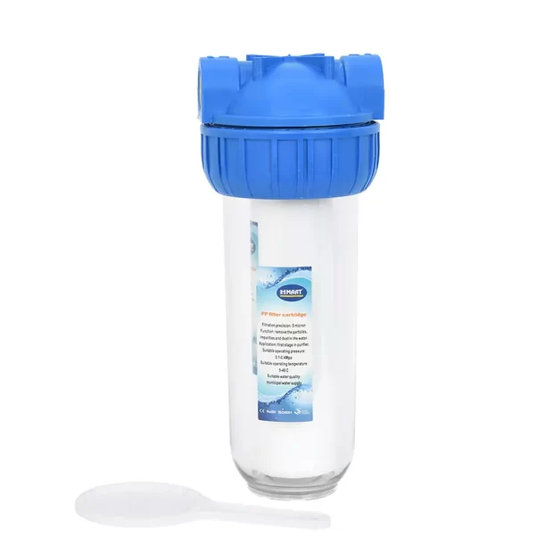 The MAAT WATER FILTER SYSTEM MT-BR10B, a pre-filter system with a blue cap and a white filter cartridge inside a transparent housing.