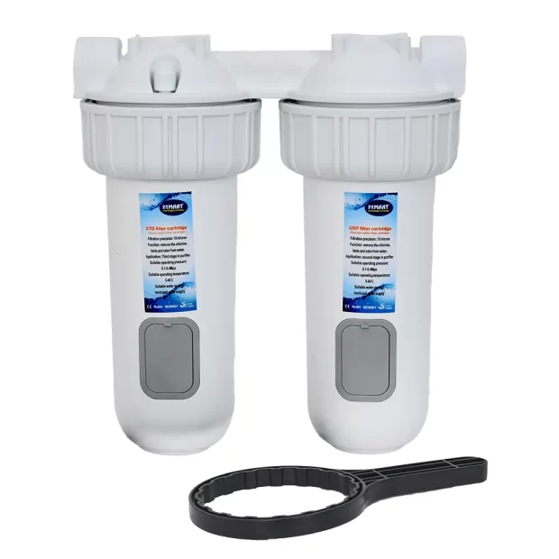 The MAAT Water Filter B-D2 (MT-BR10B-D2), a white dual-stage water purification system with CTO and UDF filter cartridges.