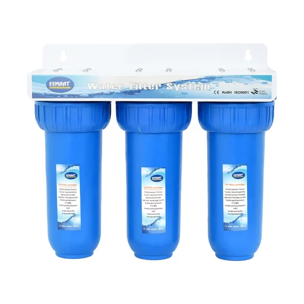 The MAAT Water Filter MT-BR10B3, a three-stage blue water purification system with three filter canisters.