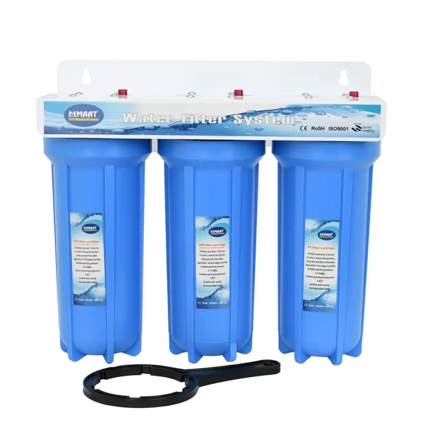 The MAAT Water Filter PRF03 (MT-PRF03), a blue three-stage water purification system with PP, UDF, and CTO filter cartridges.