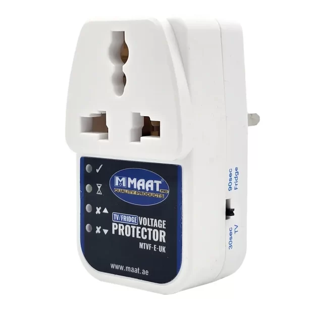 MAAT PRO TV Fridge Voltage Protector (MTVF-E-UK) white adaptor showing adjustable 30-sec TV and 90-sec Fridge delay settings on the side.