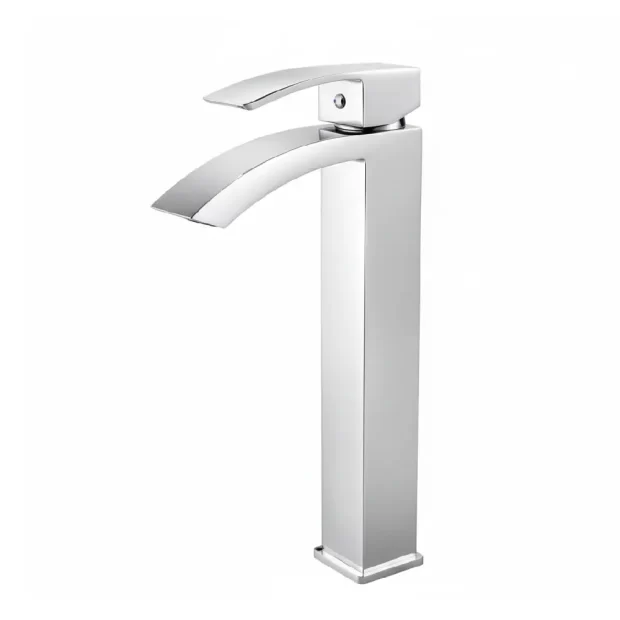 The extra-tall Sink Mixer M-CA16X60C in Mirror Chrome, featuring a modern Geometric Design, squared base, and angular spout, ideal for a Vessel Sink.