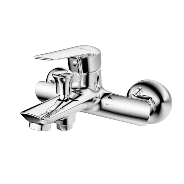 The Modern Chrome Bath Mixer M-DJ23362C featuring an Angular Design, single lever handle, flat spout, and diverter for the shower connection.