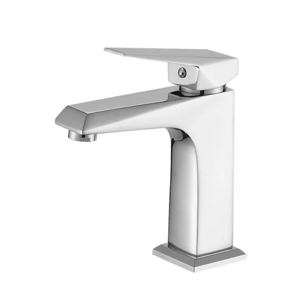 The Faceted Chrome Basin Mixer M-ES16291C in Mirror Chrome, featuring a sharp, Faceted Design body and a single lever handle.