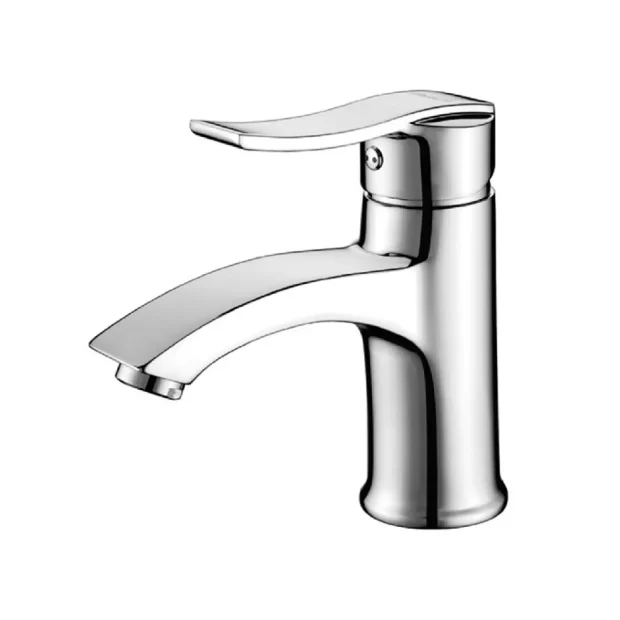 The Soft Curve Basin Mixer M-EY16221C in Mirror Chrome, featuring a gently curved spout and a unique wave-shaped Single-Lever handle, embodying a fluid design.