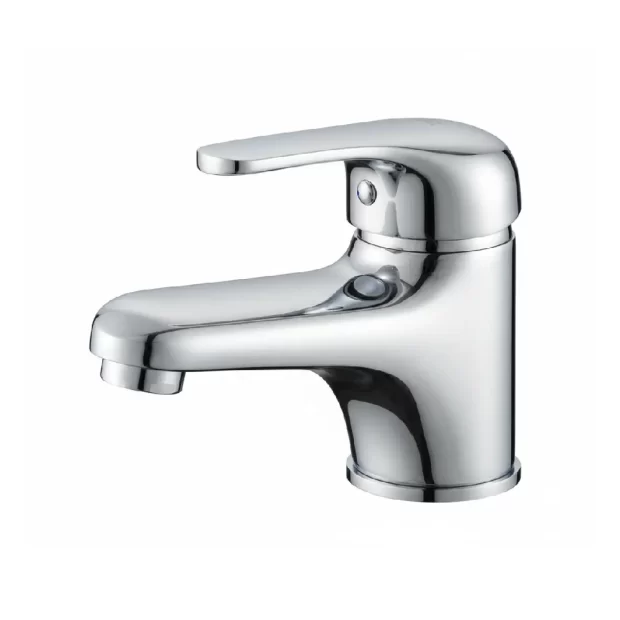 The Low Profile Basin Mixer M-F16000C in Mirror Chrome, featuring a rounded, compact body and a Short Spout, ideal for small or standard basins.