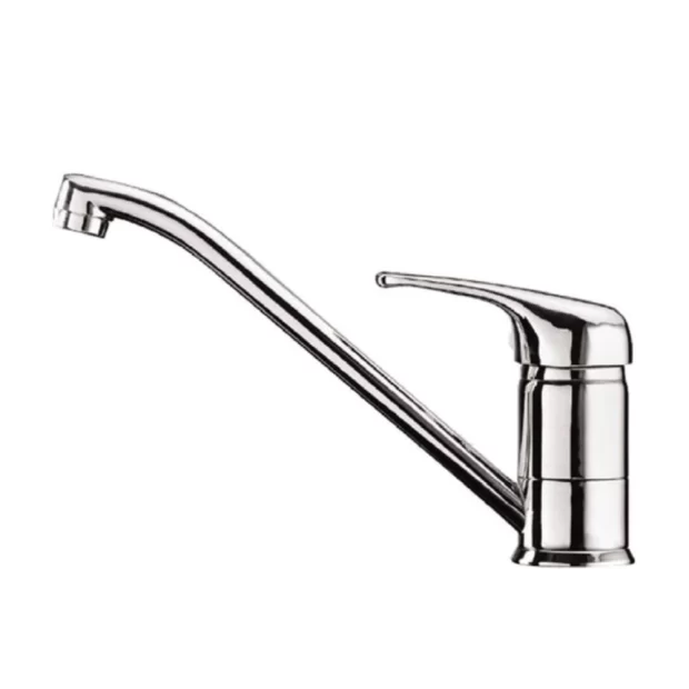 The Slimline Kitchen Sink Mixer M-F56J01C in Mirror Chrome, featuring a slender, angled high-arch spout and a side-mounted Single-Lever handle, ideal for kitchen use.