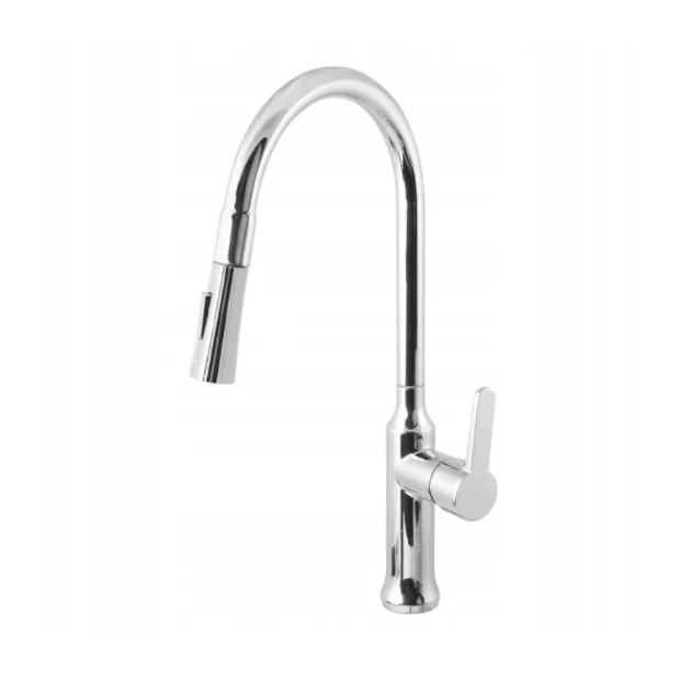 The High-Arch Pull-Out Kitchen Faucet M-GV56D94C in Mirror Chrome, featuring a tall gooseneck spout and a pull-out spray head with single-lever control.