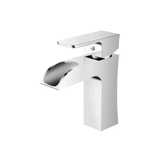The Square Waterfall Basin Mixer in Mirror Chrome, featuring a rectangular body, flat handle, and a distinctive open-channel Waterfall Spout for cascading water.