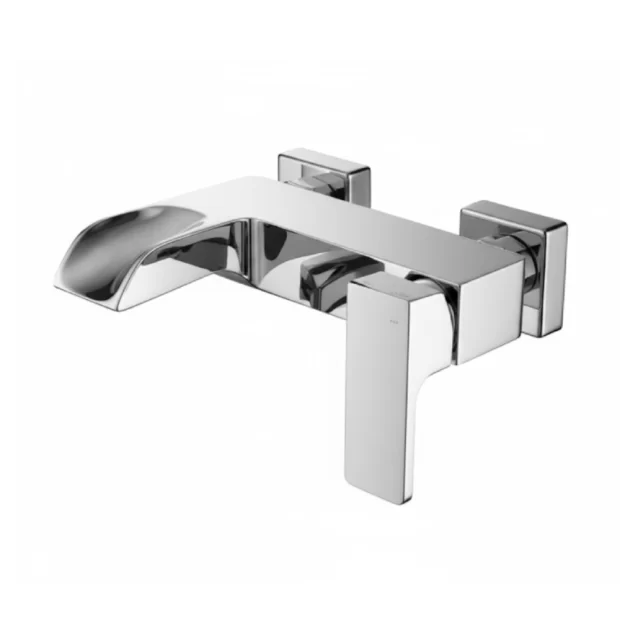 The Wall Mounted Waterfall Bath Mixer in Mirror Chrome, featuring a bold square body, open-channel Waterfall Spout, and a flat rectangular single lever handle.