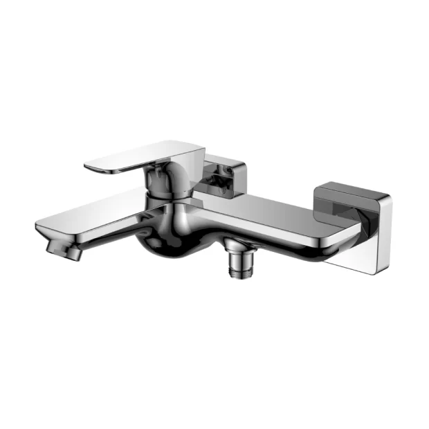 The Square Wall Mounted Bath Mixer M-JV23292C in Mirror Chrome, featuring a wide rectangular body, flat spout, single lever handle, and a square-knob diverter.