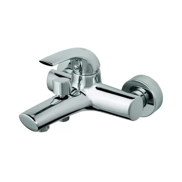 The Curved Wall Mounted Bath Mixer M-KC23194C in Mirror Chrome, featuring a rounded body, curved spout, single lever handle, and a central pull-up diverter knob.
