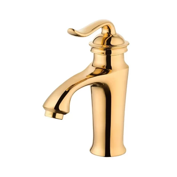 Close-up of the Sink Mixer M-MQ16273ZR in a high Polished Gold finish, showing the elegant single lever handle and tall, curved spout characteristic of the classic Antique Bathroom Tap style.