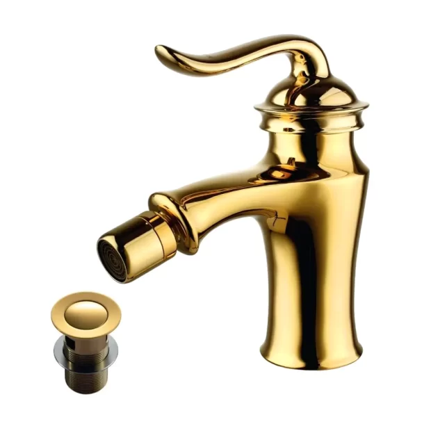 Luxurious Bidet Faucet Mixer M-MQ46273ZR in Polished Gold, featuring a classic antique style, curved single lever, and matching Pop-Up Waste.