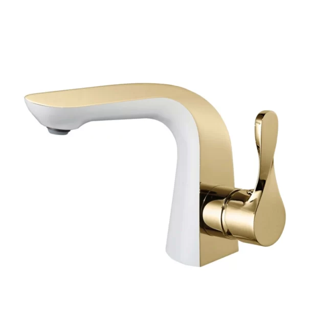The Sink Mixer M-WDQ16443AW featuring a stylish combination of Polished Gold and Gloss White, with a wide spout and a single lever handle on the side.