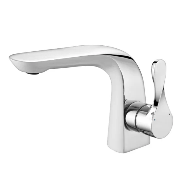 Close-up view of the MAAT Basin Mixer M-WDQ16443C, showcasing its sleek, sculpted body and single side-mounted lever in highly polished chrome finish.