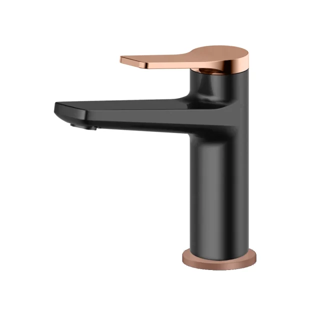 High-resolution image of a modern Basin Mixer M-WNW168073AH featuring a Matte Black body and striking Rose Gold Accent on the handle and spout.