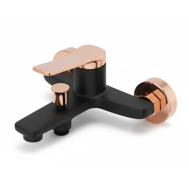 Close-up view of the MAAT Shower Mixer M-WNX238073AH, highlighting its matte black body with a flat rose gold control lever, a rose gold diverter knob, and rose gold wall mounts, designed for a modern bathroom.