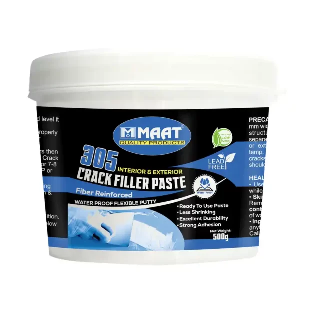 A clean white tub labeled 500GM High-Strength Wall Crack Filler Paste sits next to a metal putty knife, showcasing a ready-to-use product for durable and professional wall surface repairs.