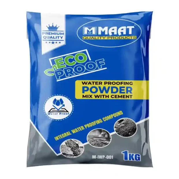 A high-quality 1KG bag of Premium Integral Water Proofing Powder M-IWP-001 by MAAT, featuring blue packaging, and ECO PROOF branding.