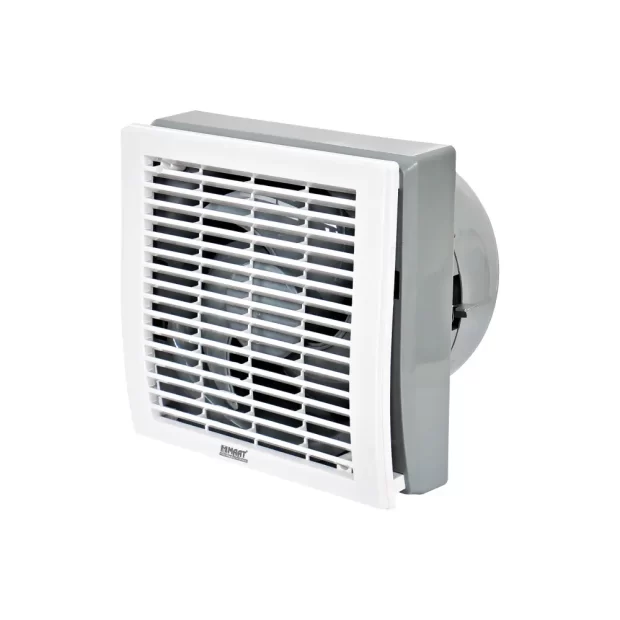 A technical view of the High-Performance MAAT Pro Premium 6" Ventilation Fan FGS6-PRO in white, showcasing the automatic shutter panel and compact design.