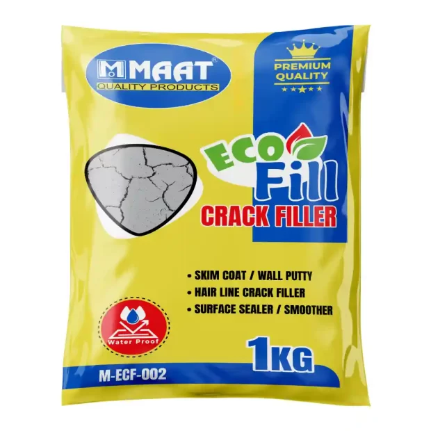 A bag or pouch of MAAT Eco Fill Crack Filler 1kg powder M-ECF-002, an eco-friendly polymer-modified cement-based material for repairing static cracks in walls and ceilings.