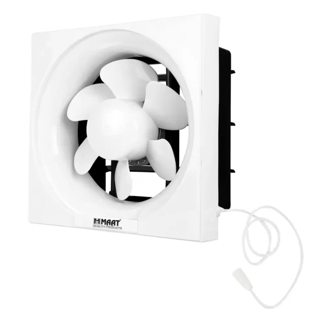 A professional view of the white Manual Premium 12" Ventilating Fan with Rope MVF-SQ12-WR highlighting its massive 300mm louvered intake and pull-cord.