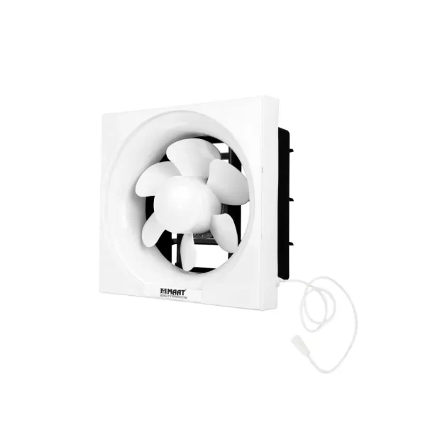 A professional studio view of the white Manual Operation Premium 6" Ventilating Fan with Rope MVF-SQ6-WR highlighting the 150mm grille and pull-cord.