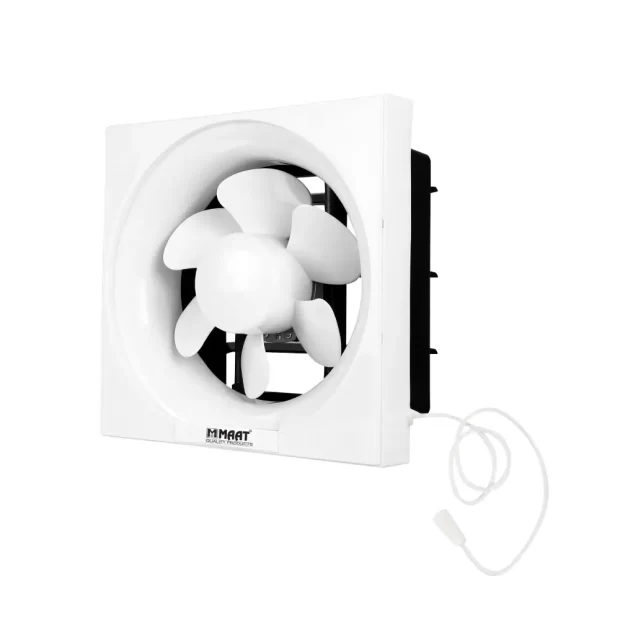 A professional view of the white High-Volume Manual Premium 8" Ventilating Fan with Rope MVF-SQ8-WR showcasing the large 200mm louvered intake and pull-cord.