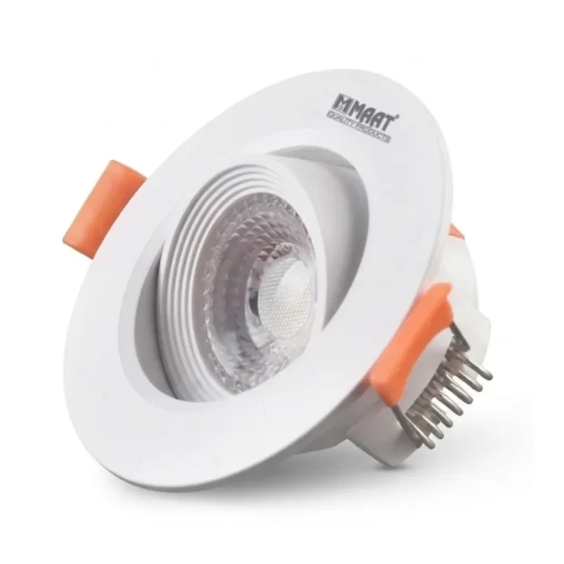 The Adjustable Spotlight 12W MET-S05R-12W from MAAT, showing two white recessed swivel fixtures with 12W power rating and a 2-year warranty logo.